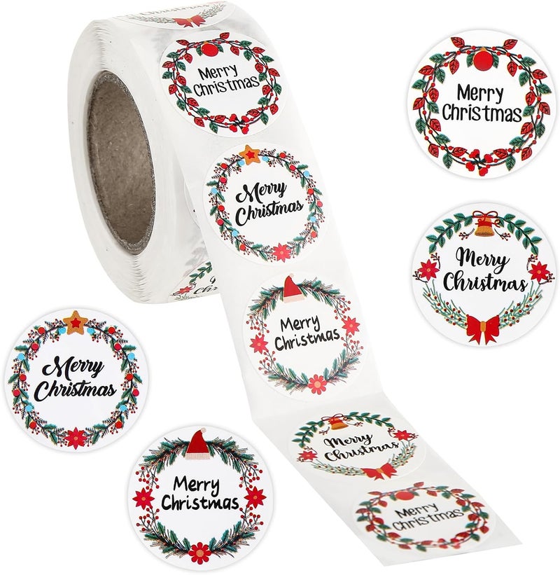 Fucibt 500 Pcs Merry Christmas Stickers for Envelopes, 1.5 Inch Circle Adhesive Christmas Labels Holiday Stickers Round Xmas Tag Envelope Seal Decals for Christmas Greeting Card, Presents and Gifts (1.5 in) - Image 1